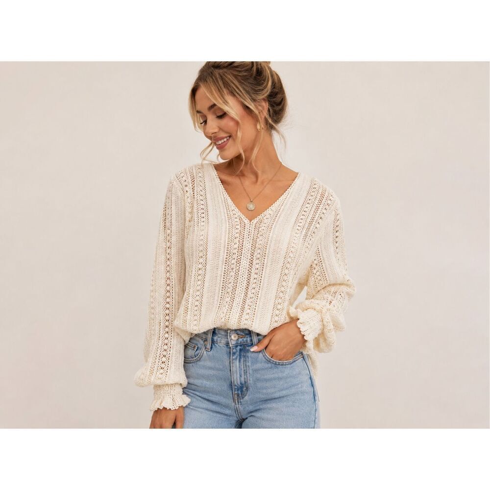 Easy Clothes Crochet Lace Boho Blouse Cream M/L NWT